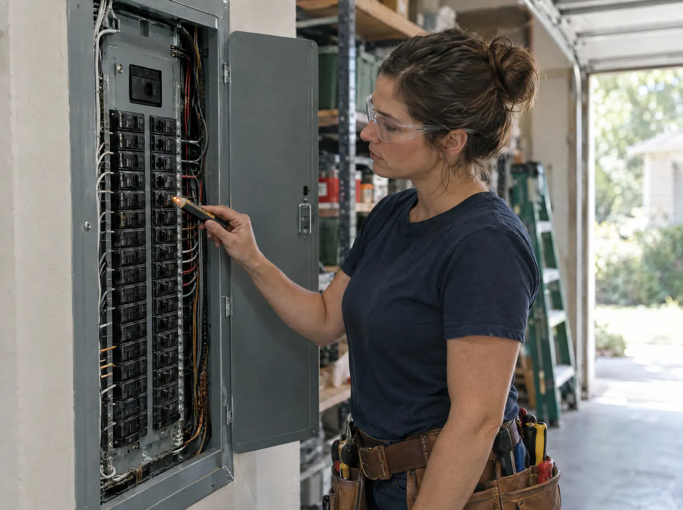 An electrician checks a breaker in an open residential panel with a voltage tester.